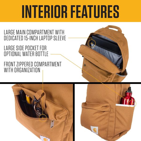 Carhartt 21L Classic Laptop Backpack, Water-Resistant Pack W/ 15" Laptop Sleeve and Organizational Compartments, PFAS Free, Carhartt Brown