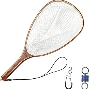 Maxcatch Fly Fishing Net, Built-in Ruler on The Handle, Wooden Frame Soft Rubber Mesh, with Magnetic Net Release Included, for Safely Landing Hooked Trout Bass