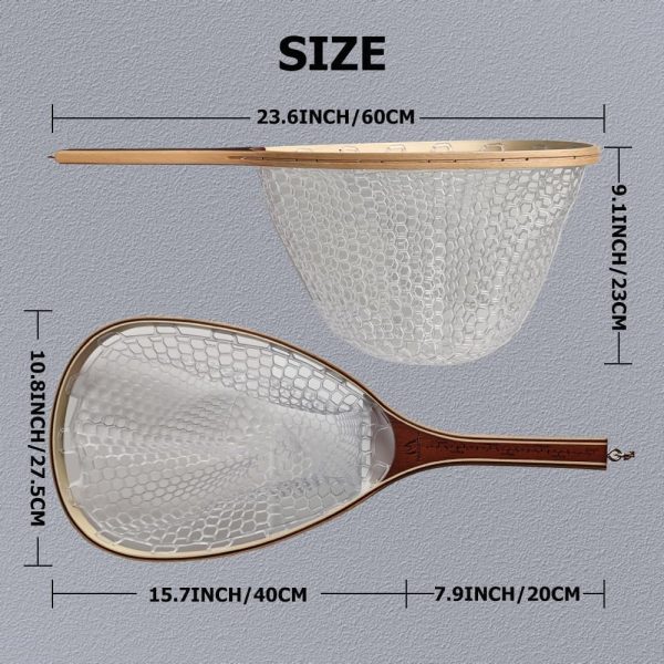 Maxcatch Fly Fishing Net, Built-in Ruler on The Handle, Wooden Frame Soft Rubber Mesh, with Magnetic Net Release Included, for Safely Landing Hooked Trout Bass