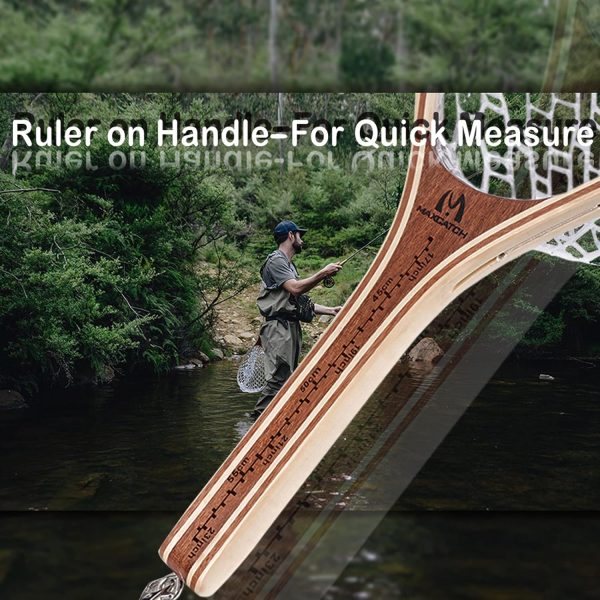 Maxcatch Fly Fishing Net, Built-in Ruler on The Handle, Wooden Frame Soft Rubber Mesh, with Magnetic Net Release Included, for Safely Landing Hooked Trout Bass