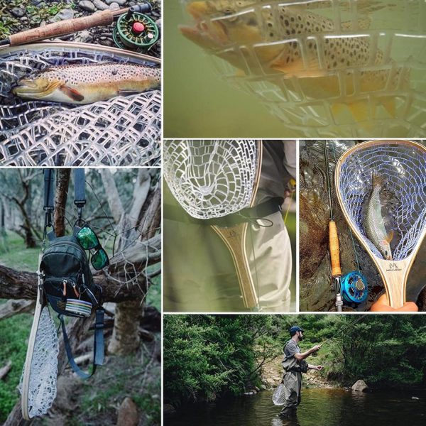 Maxcatch Fly Fishing Net, Built-in Ruler on The Handle, Wooden Frame Soft Rubber Mesh, with Magnetic Net Release Included, for Safely Landing Hooked Trout Bass