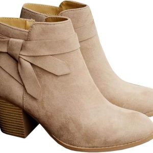 PiePieBuy Women's Tie Knot Chelsea Pump Ankle Boots Closed Toe Stacked Heel Booties Shoes