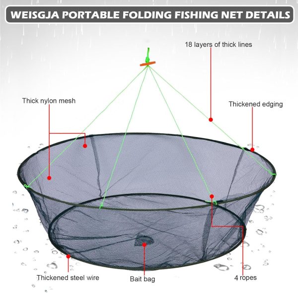 Portable Folded Fishing Net, Crab Net Fish Net with Fishing Rope, Hand Casting Cage Crab Net, Foldable Fishing Mesh Trap for,Minnows,Lobster,Crawfish, Shrimp etc.